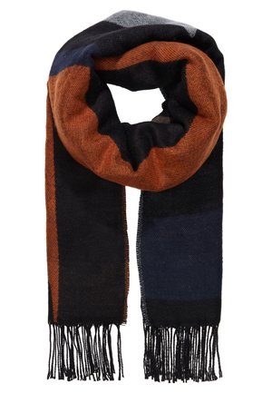 Écharpe en laine avec larges rayures horizontales en noir, bleu foncé et orange rouille, avec des extrémités à franges.