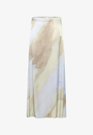 Long, flowy skirt in lightweight fabric featuring abstract watercolor patterns in beige and light blue tones. Elastic waistband, no visible hardware.