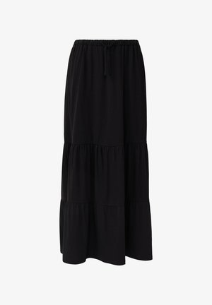 Black tiered maxi skirt made of soft fabric, featuring an elastic waistband with drawstring and three distinct ruffled sections.