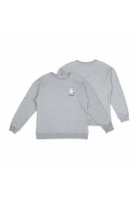 Harmaa collegepaita, joka on valmistettu puuvillasekoitteesta, jossa on pyöreä kaula-aukko ja ribbauskudot. Edessä grafiikka sarjakuvahahmosta tekstin kanssa.