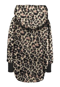 Luipaardprint hoodie van zacht, textuurstof. De hoofdkleuren zijn tan, zwart en roze. Bevat donkere boorden en heeft een relaxed model.