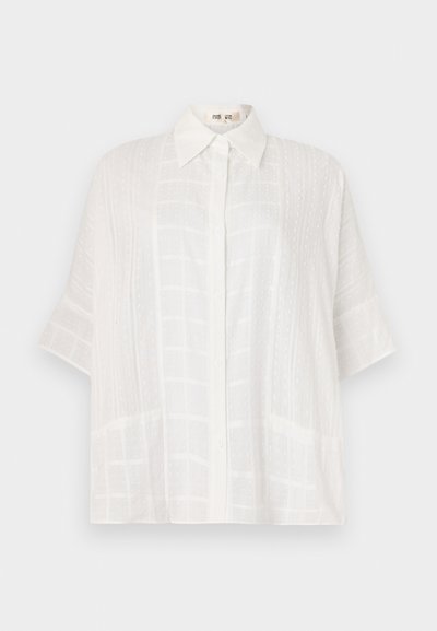 White short-sleeve shirt featuring a button-up front, subtle textured patterns, and a relaxed fit, crafted from lightweight fabric.