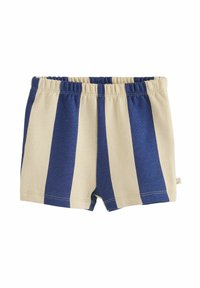 Pantalones cortos para niños pequeños con rayas verticales anchas en azul marino y beige, con cinturilla elástica, sobre fondo blanco.
