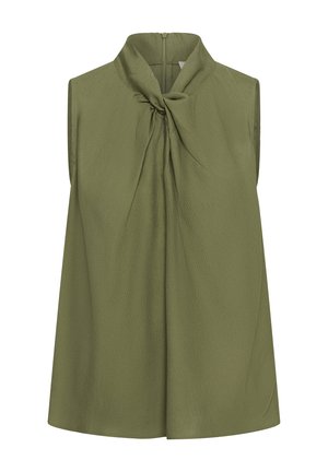 Ujjatlan olívazöld blúz texturált anyagból, magas nyakkivágással és fodros csomózással, hátul cipzáras zárral.