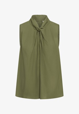 Rukávová blúzka olivovo zelenej farby so štruktúrovanou textúrou a zdobením v podobe zhluknutého uzla na vysokom výstrihu, so zapínaním na zips vzadu.