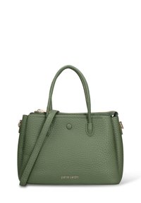 Borsa a mano in pelle verde con texture, doppio manico, tracolla rimovibile, chiusura con zip e dettaglio logo in tonalità oro sul davanti.