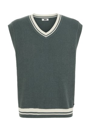 Veste sans manches en maille vert foncé avec des rayures blanches sur le col en V et l'ourlet, texture côtelée, et une petite étiquette à l'avant.