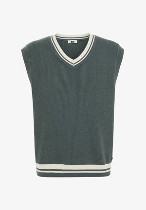 Pleteni prsluk bez rukava tamno zelene boje s bijelim prugama na V-izrezu i rubu, rebraste teksture i malom oznakom sprijeda.