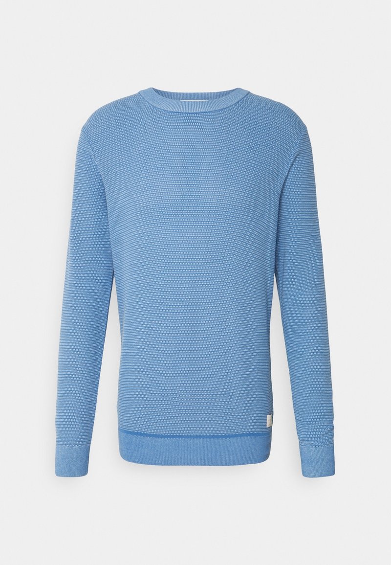 Long-sleeve sweater in light blue, featuring a textured knit pattern, crew neck, and ribbed cuffs and hem. No visible hardware or accents.