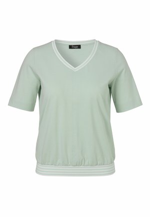 Hellgrüne kurzärmelige Bluse mit V-Ausschnitt, elastischem gestreiftem Saum und einer zentralen Naht vorne.