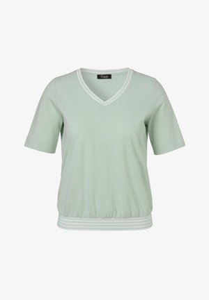 Lichtgroene blouse met korte mouwen, V-hals, elastische gestreepte zoom en een centrale naad aan de voorkant.