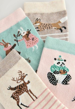 Colorful socks featuring animal patterns: a rabbit, fox, reindeer, and panda. Materials include soft, textured knit in pastel shades.