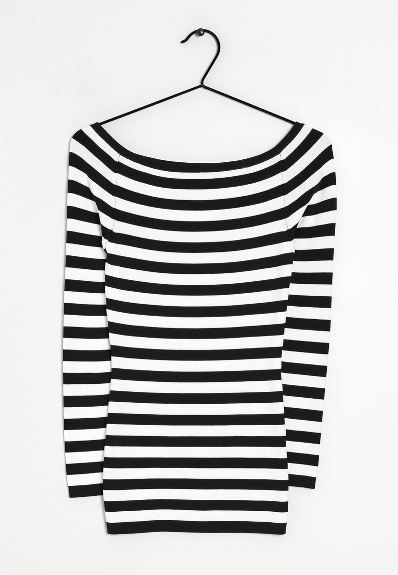 Black and white striped long-sleeve top with a wide neckline, featuring a fitted design and a soft, stretchy fabric texture.