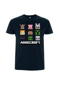 Námořnická modrá bavlněná tričko s pixelovanými hlavami postav z Minecraftu ve dvou řadách, s nápisem "MINECRAFT" tučným bílým písmem pod tím.