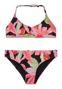 Bikini set s kvetinovým vzorom v červenej, ružovej, zelenej a čiernej farbe. Vrchný diel má nastaviteľné ramienka; spodný diel má klasický strih a elastický pás.