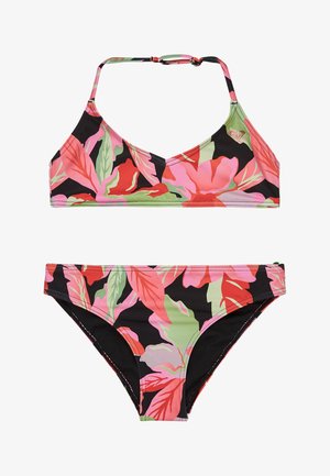 Bikini set s květinovým vzorem v červené, růžové, zelené a černé barvě. Vrchní díl má nastavitelné ramínka; spodní díl má klasický střih a elastický pas.