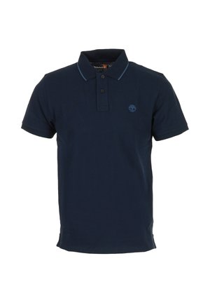 Polo blu navy a maniche corte con due bottoni, bordo blu sul colletto e piccolo logo ricamato sul petto sinistro.