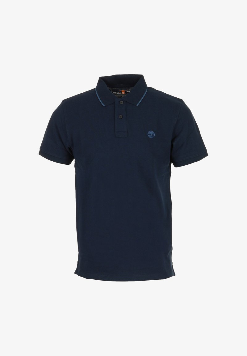 Polo bleu marine à manches courtes avec deux boutons, bordure bleue sur le col et petit logo brodé sur la poitrine gauche.