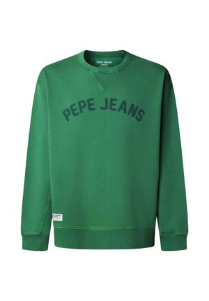 Zaļa kokvilnas maisījuma džemperis ar apaļu apkakli, priekšpusē tumši zaļā krāsā uzraksts "PEPE JEANS". Ar ribveida aprocēm un apakšu.