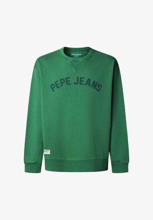 Sweat-shirt vert à col rond en mélange de coton, avec le texte "PEPE JEANS" en vert foncé sur le devant. Poignets et ourlet côtelés.