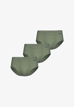 Pack of three olive green panties featuring a subtle horizontal stripe pattern, soft fabric, and a wide waistband with a brand logo.