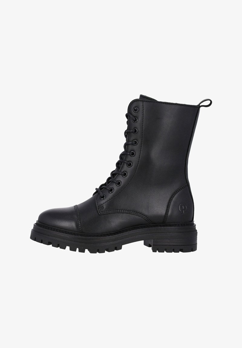 Stivale in pelle nera con lacci, punta arrotondata, suola robusta, dettagli cuciti e una linguetta sul retro per una facile vestibilità.