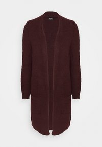 Bordowy sweter z dzianiny, z otwartym przodem, długimi rękawami i dwoma przednimi kieszeniami. Posiada teksturowany materiał oraz luźny krój.