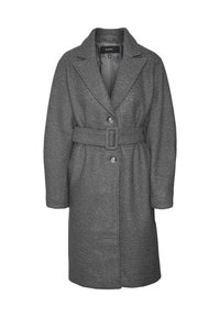 Manteau gris en mélange de laine avec une finition texturée, col noté, deux boutons et une ceinture à la taille pour un ajustement réglable. Manches longues et longueur genou.