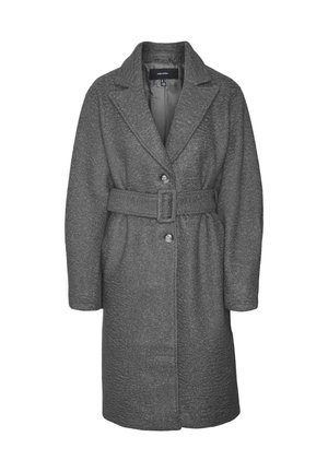 Manteau gris en mélange de laine avec une finition texturée, col noté, deux boutons et une ceinture à la taille pour un ajustement réglable. Manches longues et longueur genou.
