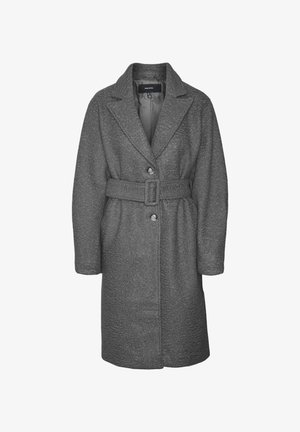 Harmaa villa-sekoitteinen takki, jossa on teksturoitu pinta, viistokaulus, kaksi nappia ja vyö säädettävää istuvuutta varten. Pitkät hihat ja polvipituus.