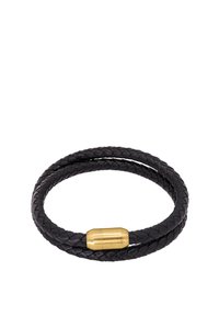 Black braided leather bracelet featuring a cylindrical gold-tone clasp, with a smooth texture and overlapping loops.