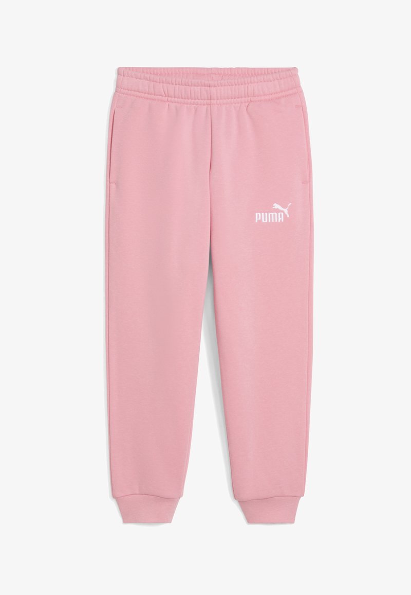 Rozā sporta bikses, kas izgatavotas no mīksta auduma ar elastīgu jostu, sānu kabatām un baltu Puma logo uz kreisās kājas. Ar aprocēm pie potītēm.