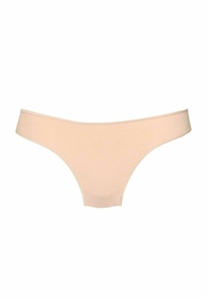 Beige Tanga-Unterwäsche aus weichem Stoff, mit glatter Textur, dünnem Bund und minimalistischem Design.