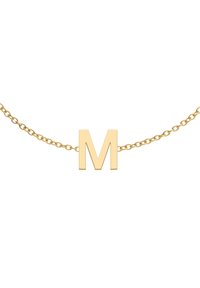 Złoty naszyjnik łańcuszkowy z odważną, dużą literą "M" jako zawieszką. Prosty design z gładką teksturą i błyszczącym wykończeniem.