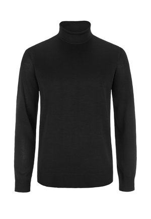 Schwarzer Rollkragenpullover aus leichtem, feinem Strickstoff. Er hat lange Ärmel und eine figurbetonte Silhouette mit gerippten Bündchen und Saum.
