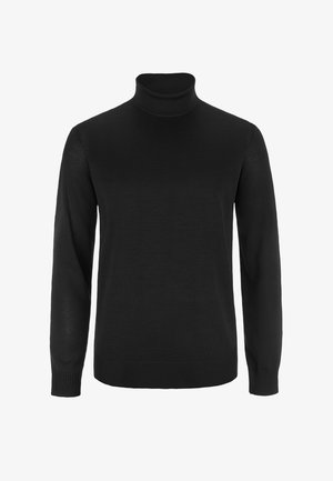 Schwarzer Rollkragenpullover aus leichtem, feinem Strickstoff. Er hat lange Ärmel und eine figurbetonte Silhouette mit gerippten Bündchen und Saum.