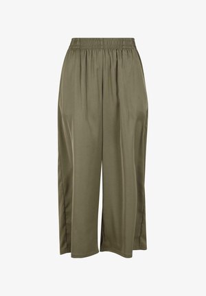 Pantalons larges vert olive en tissu lisse et brillant avec une taille élastique et des détails de couture sur les côtés. Longueur courte.