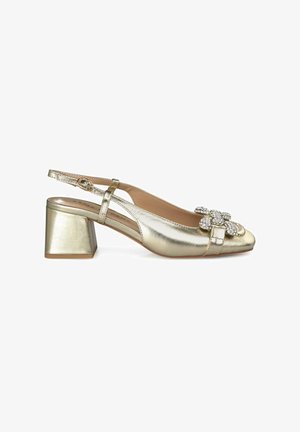 Scarpa slingback dorata in metallo con tacco quadrato, decorazioni floreali e una superficie liscia. Presenta una cinghia alla caviglia per una calzata sicura.