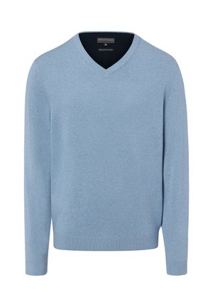 Maglione azzurro chiaro a maniche lunghe con scollo a V e polsini e orlo a coste, mostrato su uno sfondo bianco semplice.