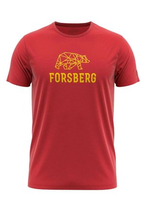 Rood T-shirt met korte mouwen, gemaakt van een gladde stof, met een geometrische beerafbeelding in het geel en het woord "FORSBERG" daaronder.
