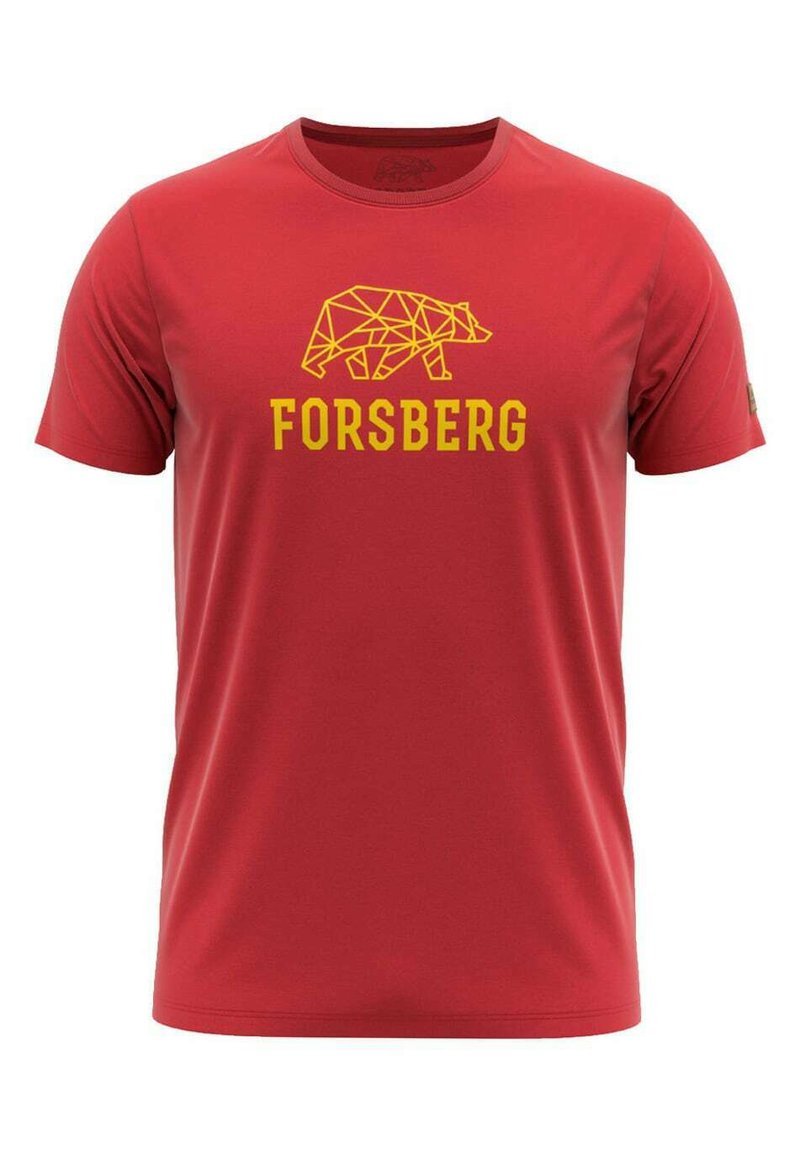 Rood T-shirt met korte mouwen, gemaakt van een gladde stof, met een geometrische beerafbeelding in het geel en het woord "FORSBERG" daaronder.