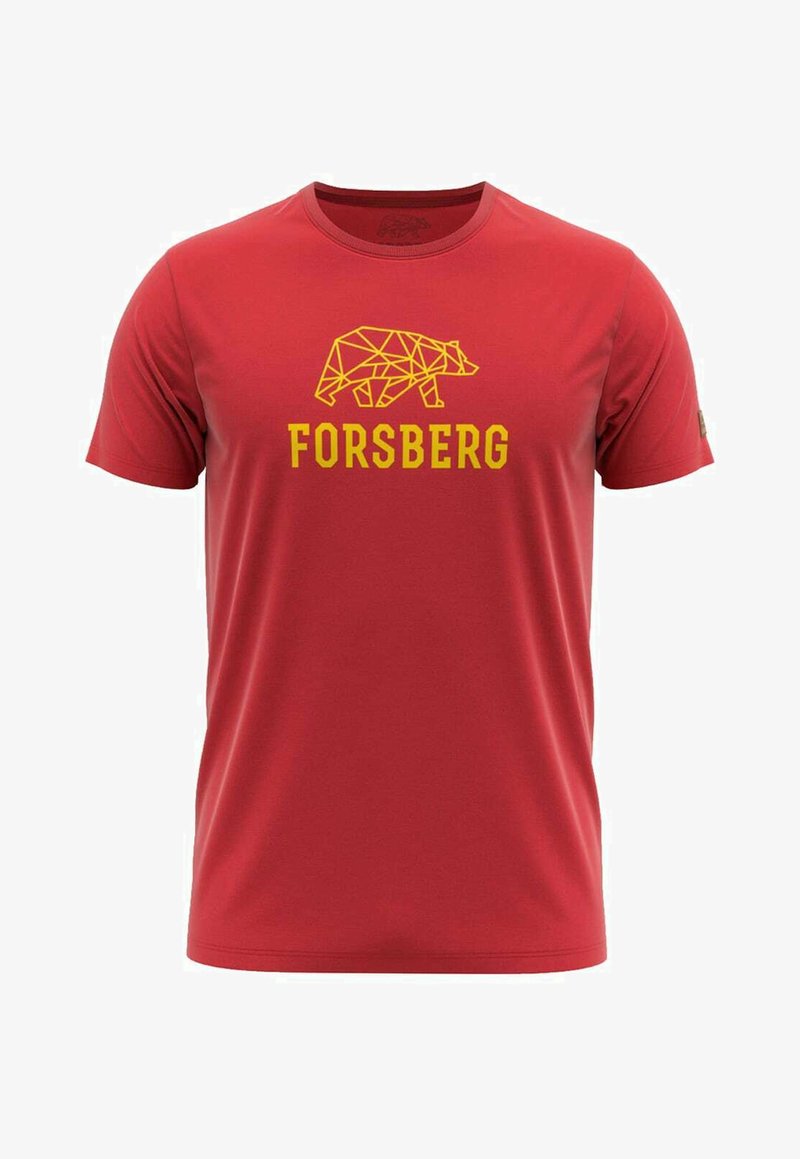 Rood T-shirt met korte mouwen, gemaakt van een gladde stof, met een geometrische beerafbeelding in het geel en het woord "FORSBERG" daaronder.