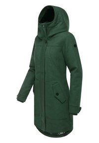 Groene wolmixjas met capuchon, sluiting met voorknoop, twee grote zakken en een gebogen zoom. Gelaagd stof met een gladde afwerking.