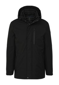 Schwarze isolierte Jacke mit Kapuze, ausgestattet mit einer Reißverschluss-Brusttasche und zwei Seitentaschen, gefertigt aus einem glatten, strapazierfähigen Stoff.