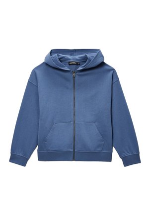 Sweat à capuche bleu à fermeture éclair intégrale avec poche kangourou à l'avant, manches longues et capuche attachée, présenté sur un fond blanc.