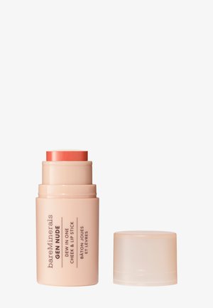 Bare Minerals Gen Nude Dew One Rouge und Lippenstift in einer hellrosa Tube mit korallenfarbener Nuance, Kappe entfernt und daneben gelegt.