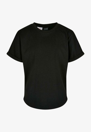 Must värvi puuvillane T-särk ümmarguse kaelusega, lühikeste rullitud varrukatega ja mugava lõikega. Sile tekstuur ja kaardus alus.