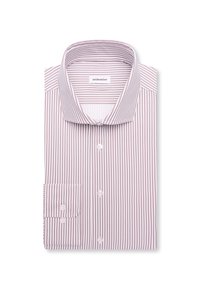Chemise habillée à manches longues pliée avec des fines rayures diagonales blanches et bordeaux, dotée d'un col écarté et de boutons blancs.