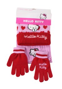 Set omvat roze handschoenen met rode accenten en hartpatronen, samen met een bijpassende rode gebreide muts met het "Hello Kitty"-logo.