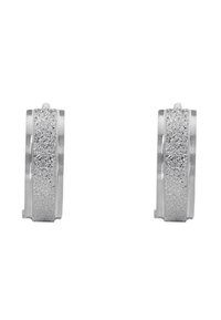 Orecchini a cerchio in argento con una fascia centrale glitterata e testurizzata e bordi lisci e lucidi, che mettono in mostra un design moderno e geometrico.